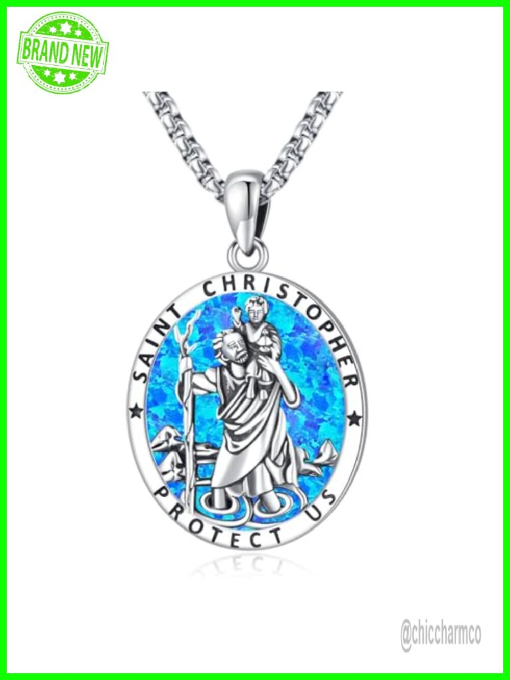 Saint Christopher Necklace 925 Sterling Silver Opal Pendant 20in Chain